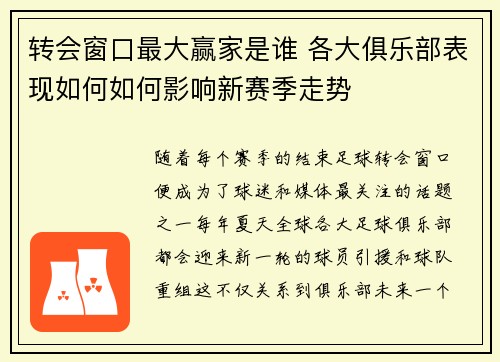 转会窗口最大赢家是谁 各大俱乐部表现如何如何影响新赛季走势